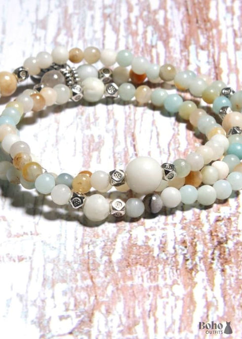 Pulsera Boho, Capas, Amazonita Verde, Mala, Mantra, Loto