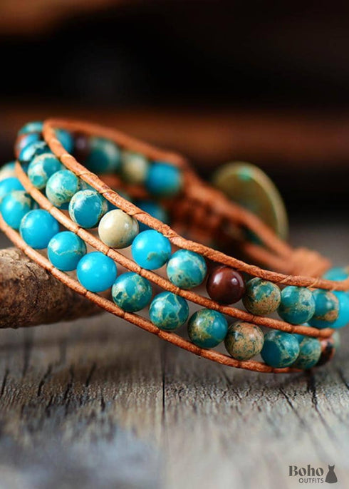 Pulsera Boho, Pulsera de Cuero con Capas, Piedras de Jaspe de 6 mm