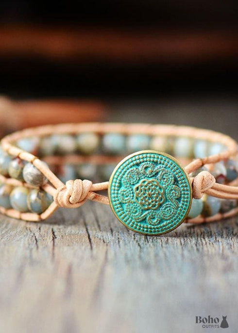 Pulsera Boho, Pulsera de Cuero con Capas, Piedras de Jaspe de 6 mm