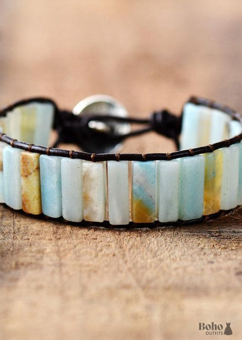 Pulsera Boho, Pulsera de Cuero, Amazonita Azul