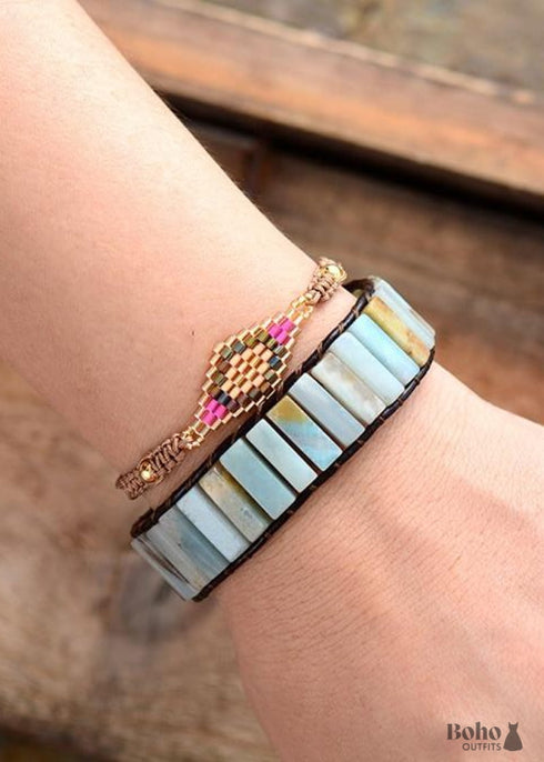 Pulsera Boho, Pulsera de Cuero, Amazonita Azul