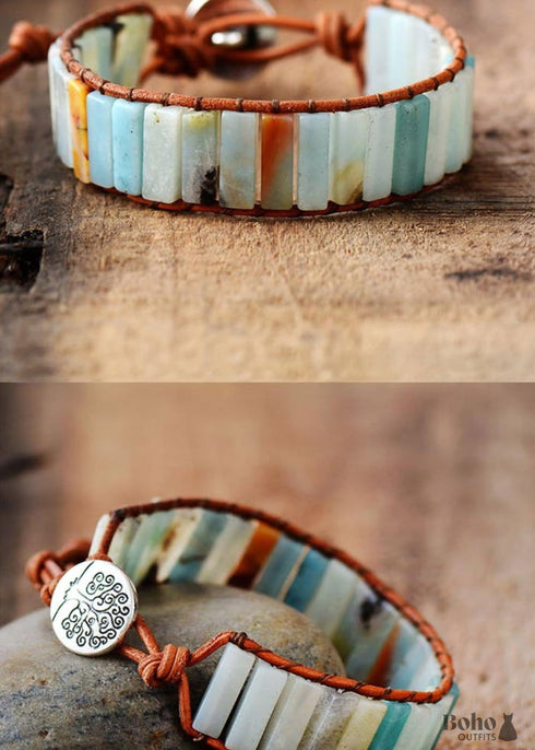 Pulsera Boho, Pulsera de Cuero, Amazonita Azul