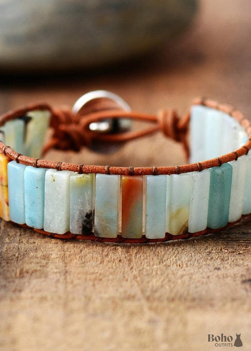 Pulsera Boho, Pulsera de Cuero, Amazonita Azul