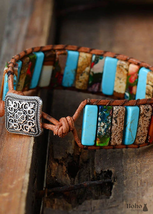Boho Bracelet, Leather Wrap Bracelet, Blue Brown Tube Ethic