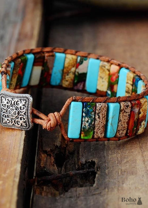 Boho Bracelet, Leather Wrap Bracelet, Blue Brown Tube Ethic