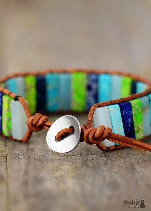 Boho Bracelet, Leather Wrap Bracelet, Blue Brown Tube Ethic