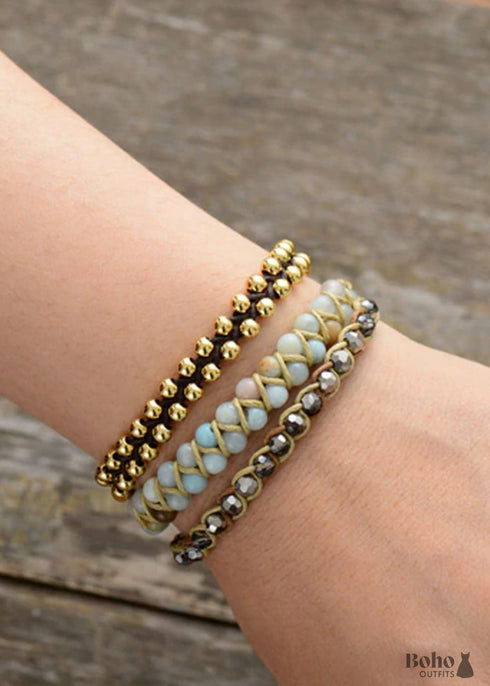 Pulsera Boho, Pulsera de Cuero, Amazonita Azul Claro