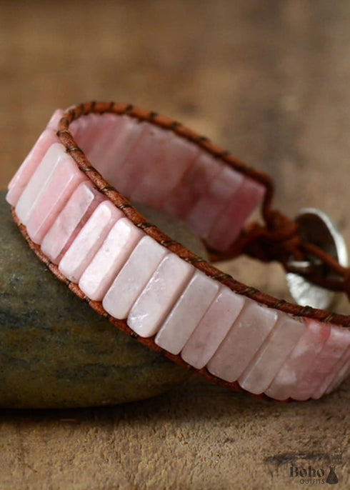 Boho Bracelet, Leather Wrap Bracelet, Tube Natural Pink Stone