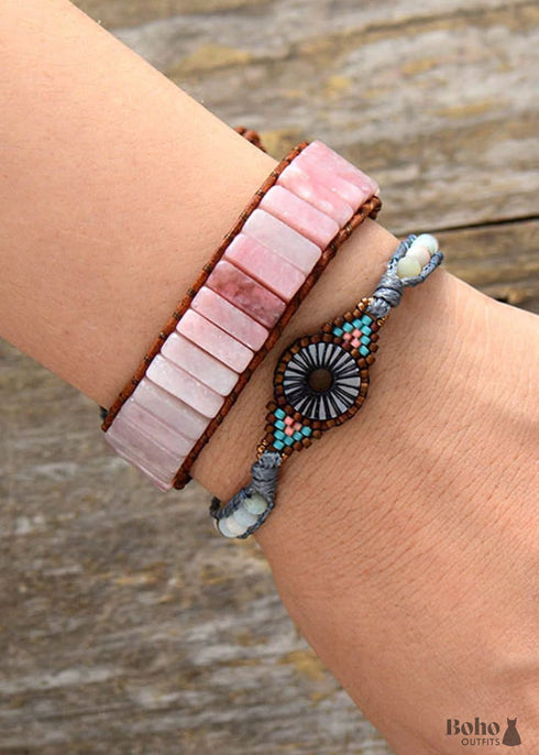 Boho Bracelet, Leather Wrap Bracelet, Tube Natural Pink Stone