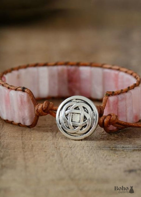 Boho Bracelet, Leather Wrap Bracelet, Tube Natural Pink Stone