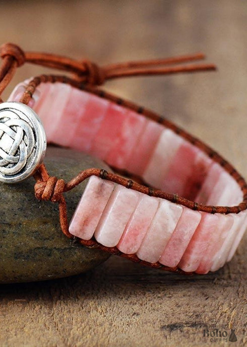 Boho Bracelet, Leather Wrap Bracelet, Tube Natural Pink Stone