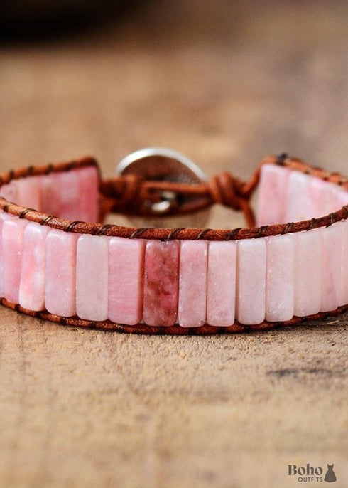 Boho Bracelet, Leather Wrap Bracelet, Tube Natural Pink Stone