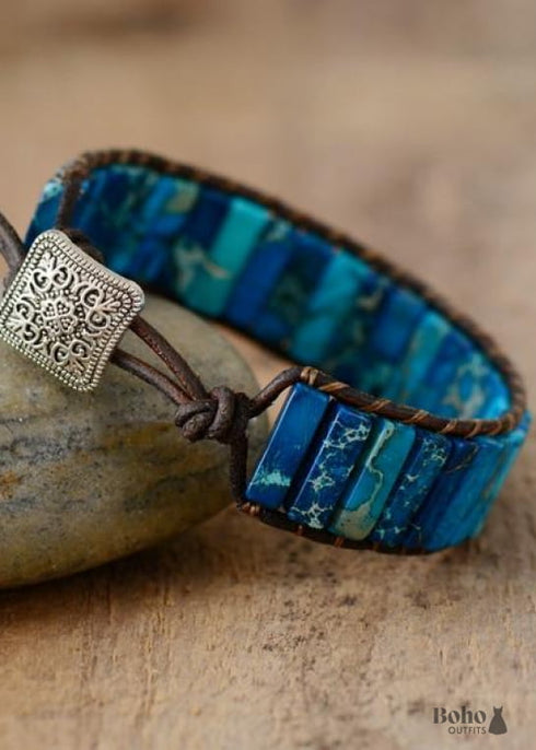 Boho Bracelet, Leather Wrap Bracelet, Tube Natural Stones, 4 colors Blue, Orange, Green and Red