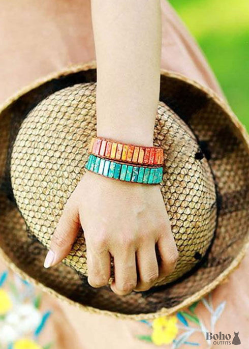 Boho Bracelet, Leather Wrap Bracelet, Tube Natural Stones, 4 colors Blue, Orange, Green and Red
