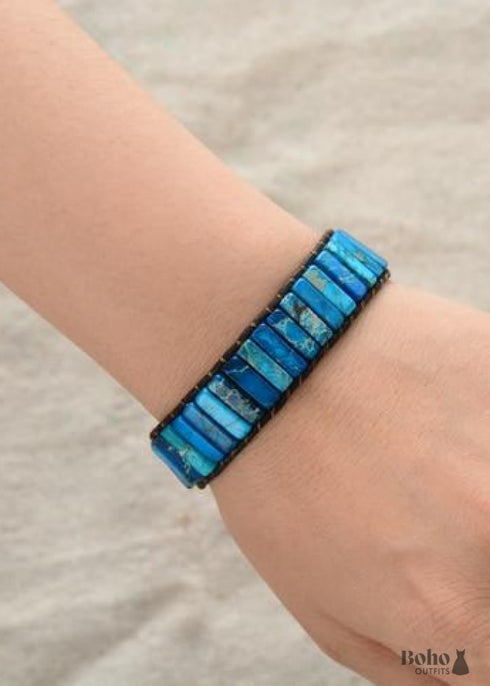 Boho Bracelet, Leather Wrap Bracelet, Tube Natural Stones, 4 colors Blue, Orange, Green and Red