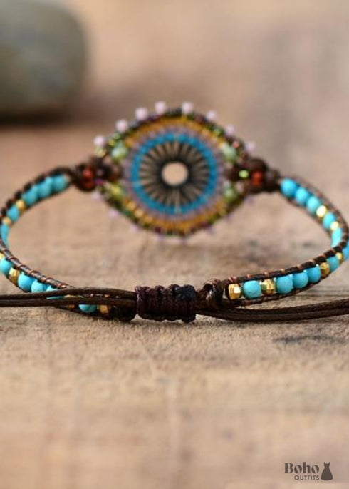 Pulsera bohemia, pulsera de cuero, pulsera tejida, cristal de amazonita azul