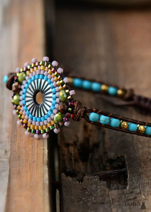 Pulsera bohemia, pulsera de cuero, pulsera tejida, cristal de amazonita azul