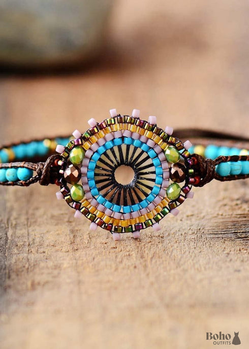 Pulsera bohemia, pulsera de cuero, pulsera tejida, cristal de amazonita azul