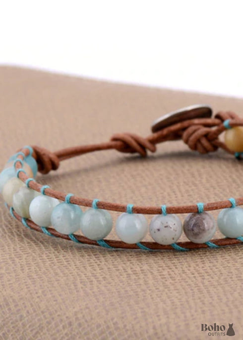 Boho Bracelet, Leather Wrap Bracelet, Weave Bracelet, Blue Amazonite