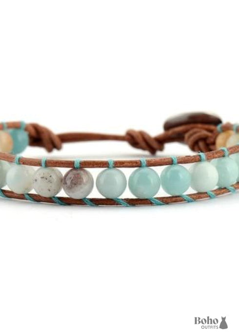 Boho Bracelet, Leather Wrap Bracelet, Weave Bracelet, Blue Amazonite