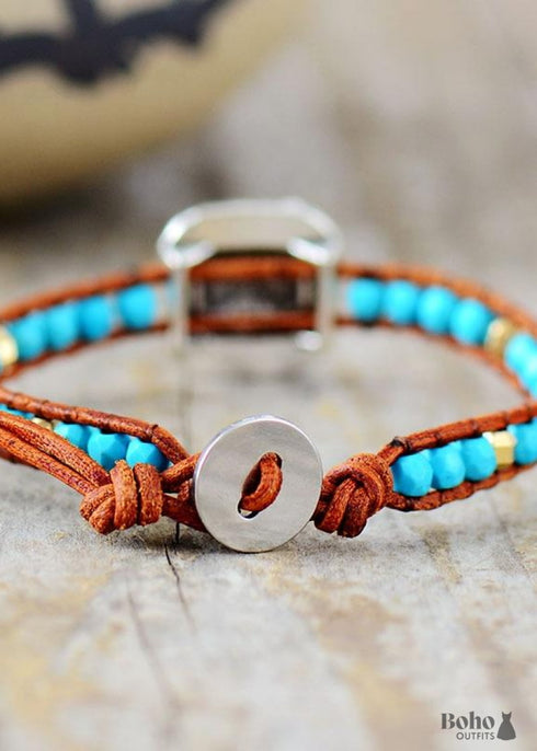 Pulsera Boho, Pulsera de Cuero, Pulsera Tejida, Azul Plata