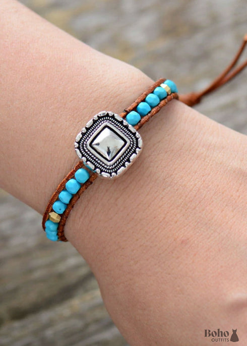 Pulsera Boho, Pulsera de Cuero, Pulsera Tejida, Azul Plata