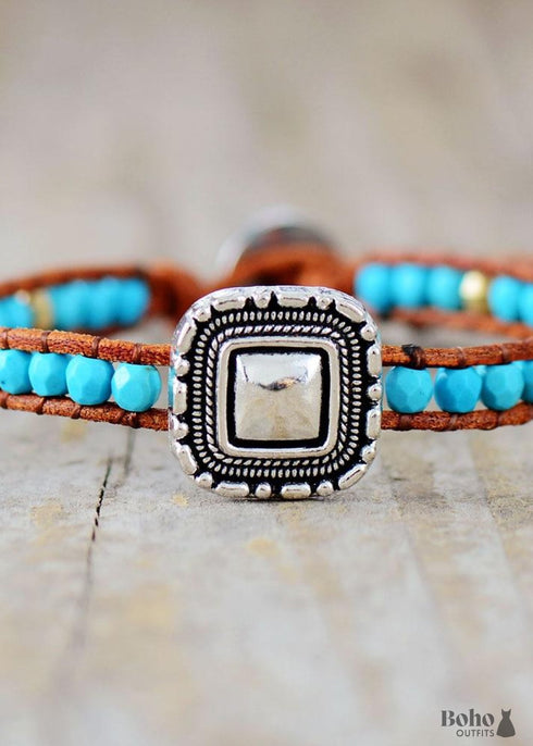 Pulsera Boho, Pulsera de Cuero, Pulsera Tejida, Azul Plata