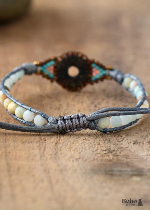 Pulsera Boho, Pulsera de Cuero, Pulsera Tejida, Amazonita Azul Escarchada