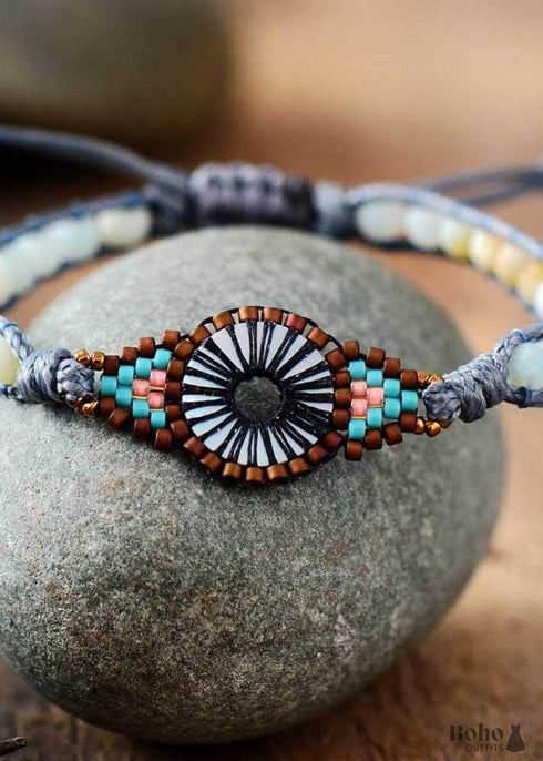 Pulsera Boho, Pulsera de Cuero, Pulsera Tejida, Amazonita Azul Escarchada