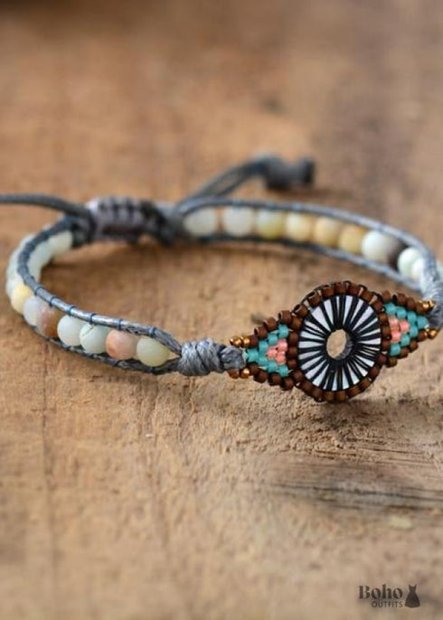 Pulsera Boho, Pulsera de Cuero, Pulsera Tejida, Amazonita Azul Escarchada