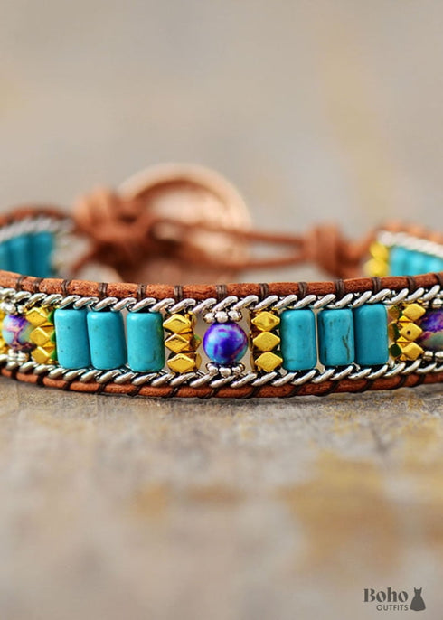 Pulsera Boho, Pulsera de Cuero, Pulsera Tejida, Cadena de Turquesas