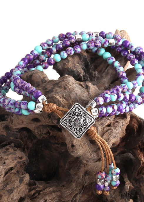 Pulsera Boho, Pulsera de Cuero de Tres Capas RH, Piedras Naturales Verdes y Moradas