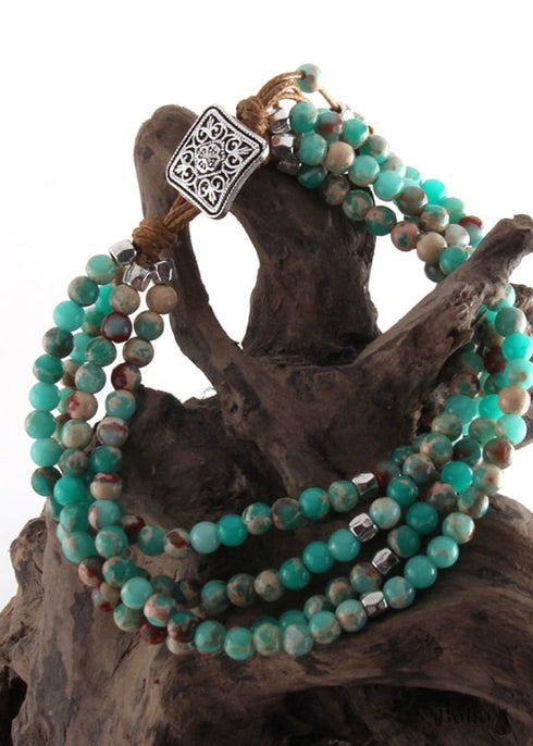 Pulsera Boho, Pulsera de Cuero de Tres Capas RH, Piedras Naturales Verdes y Moradas