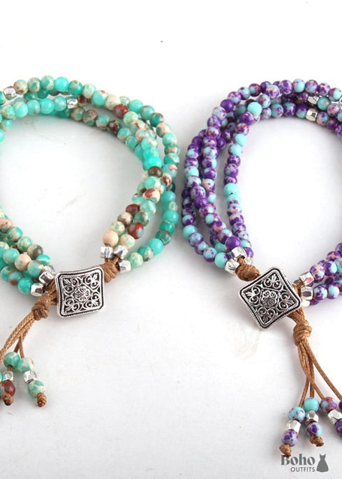 Pulsera Boho, Pulsera de Cuero de Tres Capas RH, Piedras Naturales Verdes y Moradas