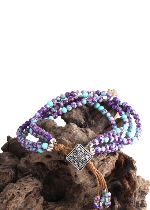 Pulsera Boho, Pulsera de Cuero de Tres Capas RH, Piedras Naturales Verdes y Moradas