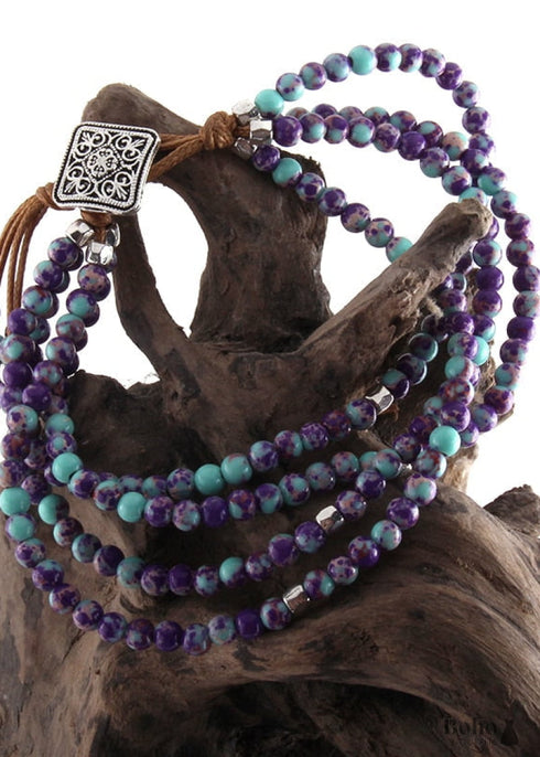 Pulsera Boho, Pulsera de Cuero de Tres Capas RH, Piedras Naturales Verdes y Moradas