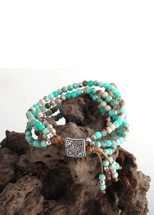 Pulsera Boho, Pulsera de Cuero de Tres Capas RH, Piedras Naturales Verdes y Moradas