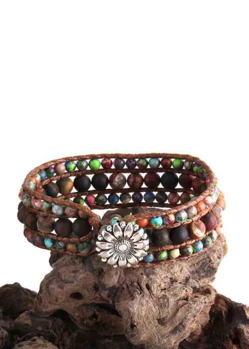 Boho Bracelet, RH 3 Layers Leather Wrap Bracelet, Green, Brown and Navy Natural Stones