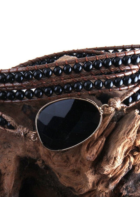 Pulsera Boho, Pulsera de Cuero de Tres Capas RH, Piedras Naturales, Azul, Rosa, Morado