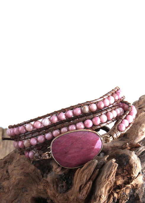 Pulsera Boho, Pulsera de Cuero de Tres Capas RH, Piedras Naturales, Azul, Rosa, Morado
