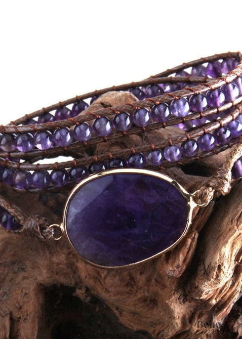Pulsera Boho, Pulsera de Cuero de Tres Capas RH, Piedras Naturales, Azul, Rosa, Morado