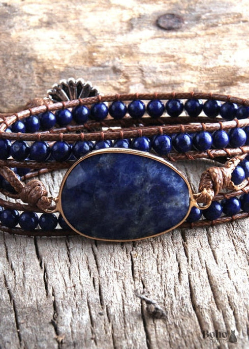Pulsera Boho, Pulsera de Cuero de Tres Capas RH, Piedras Naturales, Azul, Rosa, Morado