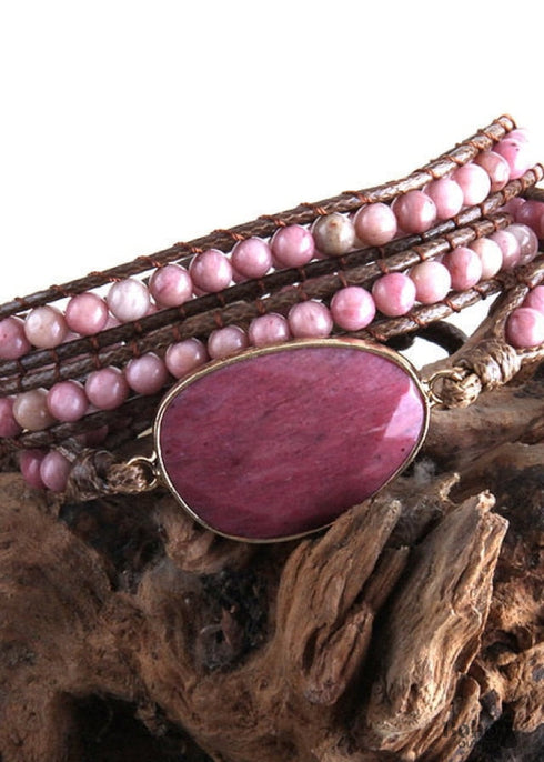 Pulsera Boho, Pulsera de Cuero de Tres Capas RH, Piedras Naturales, Azul, Rosa, Morado
