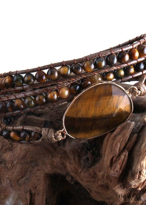 Pulsera Boho, Pulsera de Cuero de Tres Capas RH, Piedras Naturales, Azul, Rosa, Morado