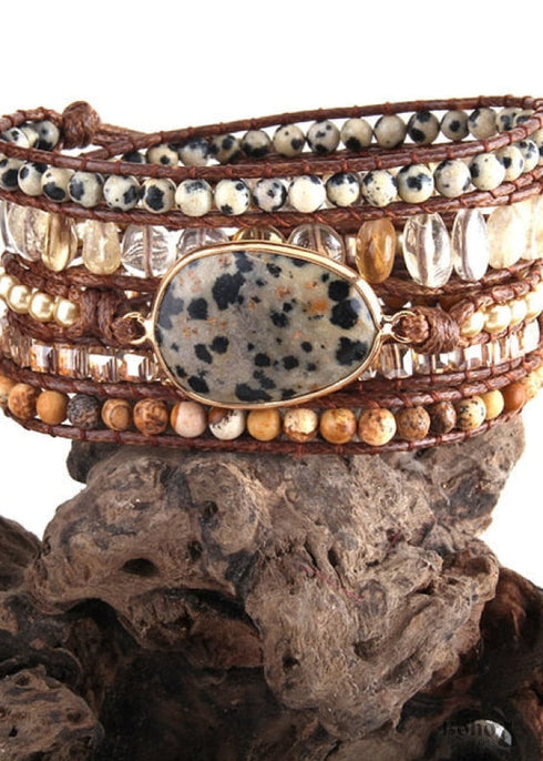 Pulsera Boho, RH, 4 capas de cuero, brazalete de 4 mm con piedras naturales negras y azules