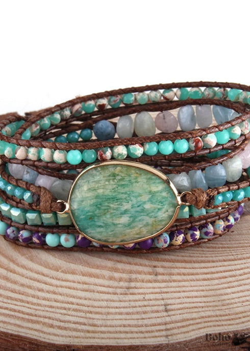 Pulsera Boho, RH, 4 capas de cuero, brazalete de 4 mm con piedras naturales negras y azules