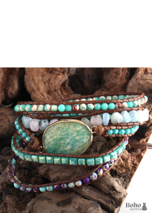 Pulsera Boho, RH, 4 capas de cuero, brazalete de 4 mm con piedras naturales negras y azules