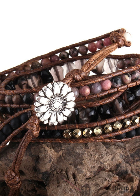 Pulsera Boho, RH, 4 capas de cuero, brazalete de 4 mm con piedras naturales negras y azules