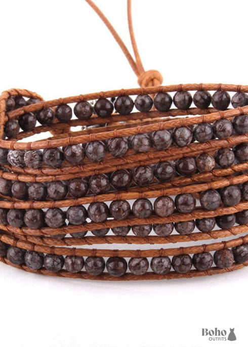 Pulsera Boho, RH, Pulsera de Cuero de 5 Capas, Piedras Naturales de 4 mm, Azul, Blanco y Negro