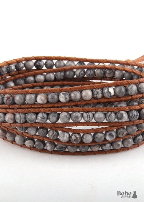 Pulsera Boho, RH, Pulsera de Cuero de 5 Capas, Piedras Naturales de 4 mm, Azul, Blanco y Negro